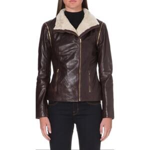 TED BAKER LONDON Brown Leather Shearling Convertible Zip Jacket 2/6